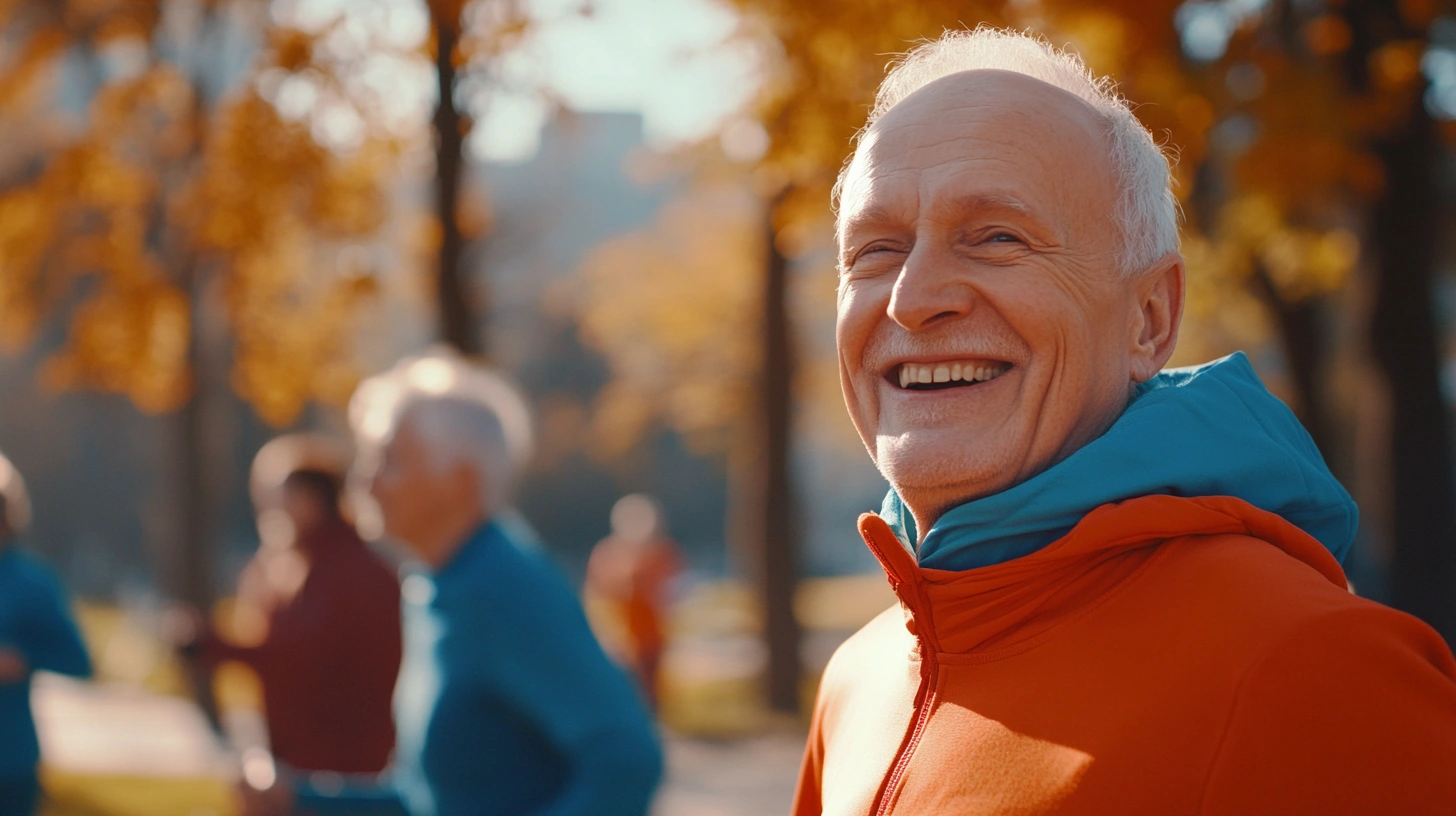Група активних пенсіонерів займається спортом на свіжому повітрі