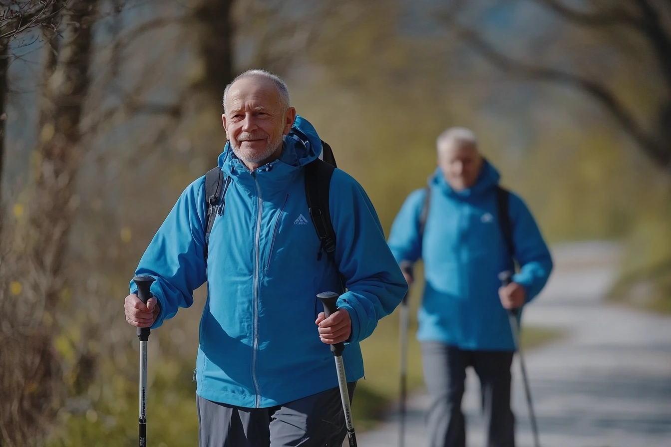 Пенсіонери займаються скандинавською ходьбою в парку