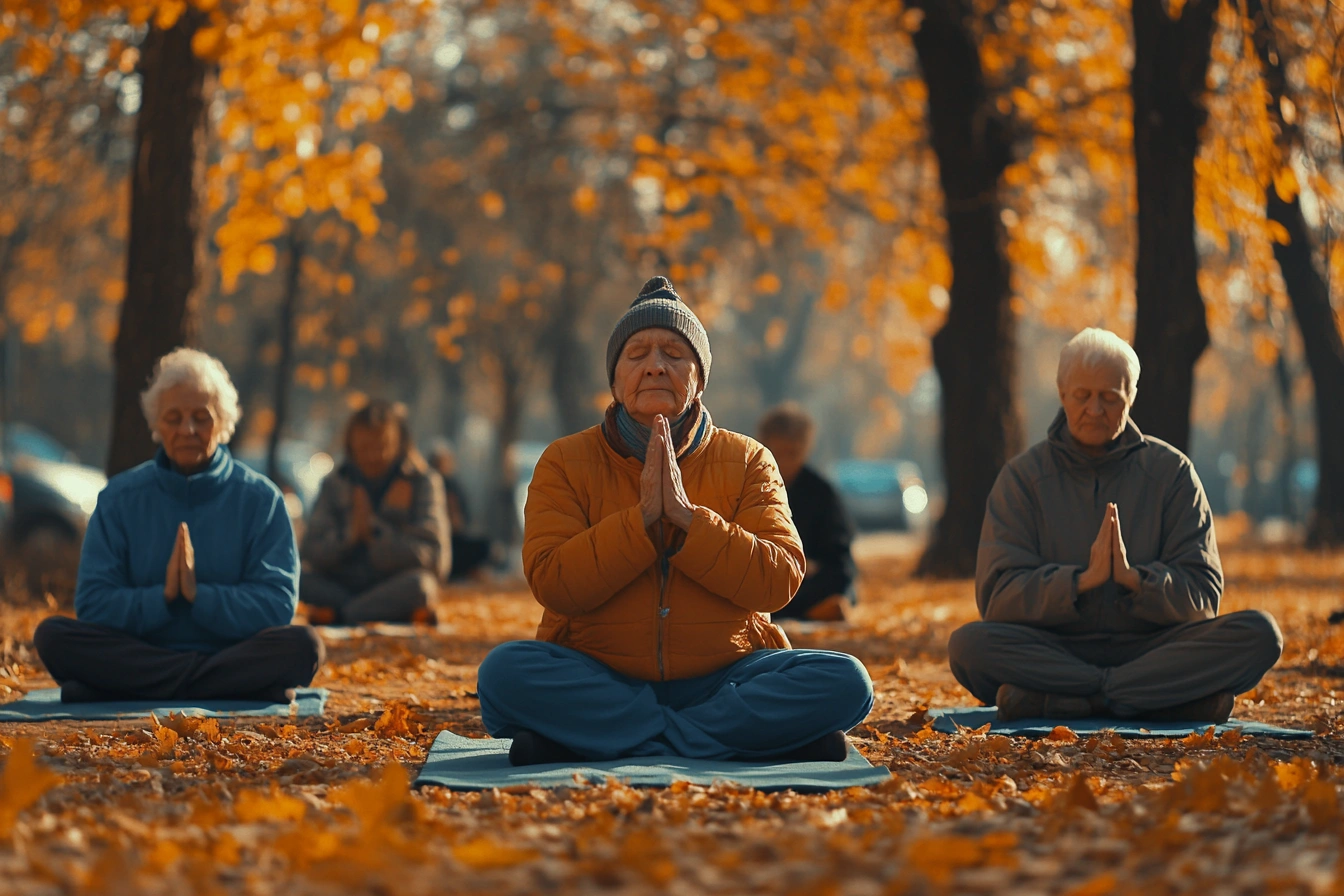 Група пенсіонерів виконує легкі вправи йоги в парку